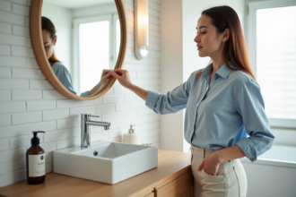 Femme examinant un miroir rond dans une salle de bain moderne