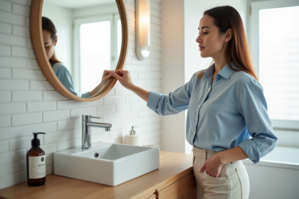 Femme examinant un miroir rond dans une salle de bain moderne
