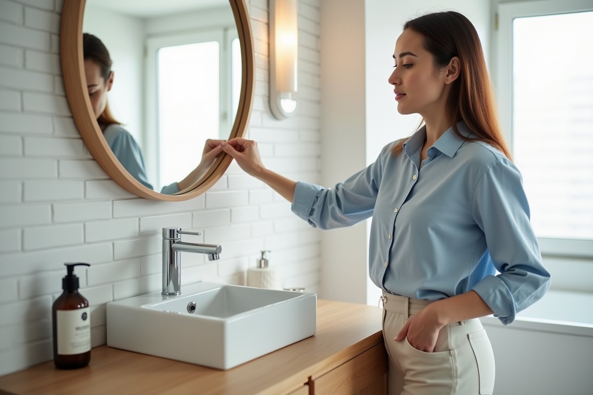Femme examinant un miroir rond dans une salle de bain moderne