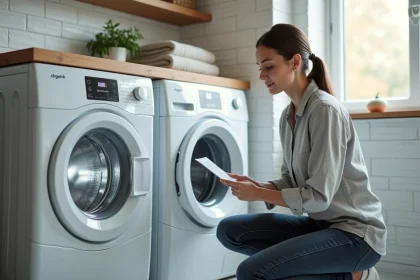 Femme consultant la notice d'un lave-linge Whirlpool 6ème sens 9kg dans une buanderie moderne