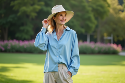 Femme d'âge moyen dans un parc ensoleillé ajustant son chapeau