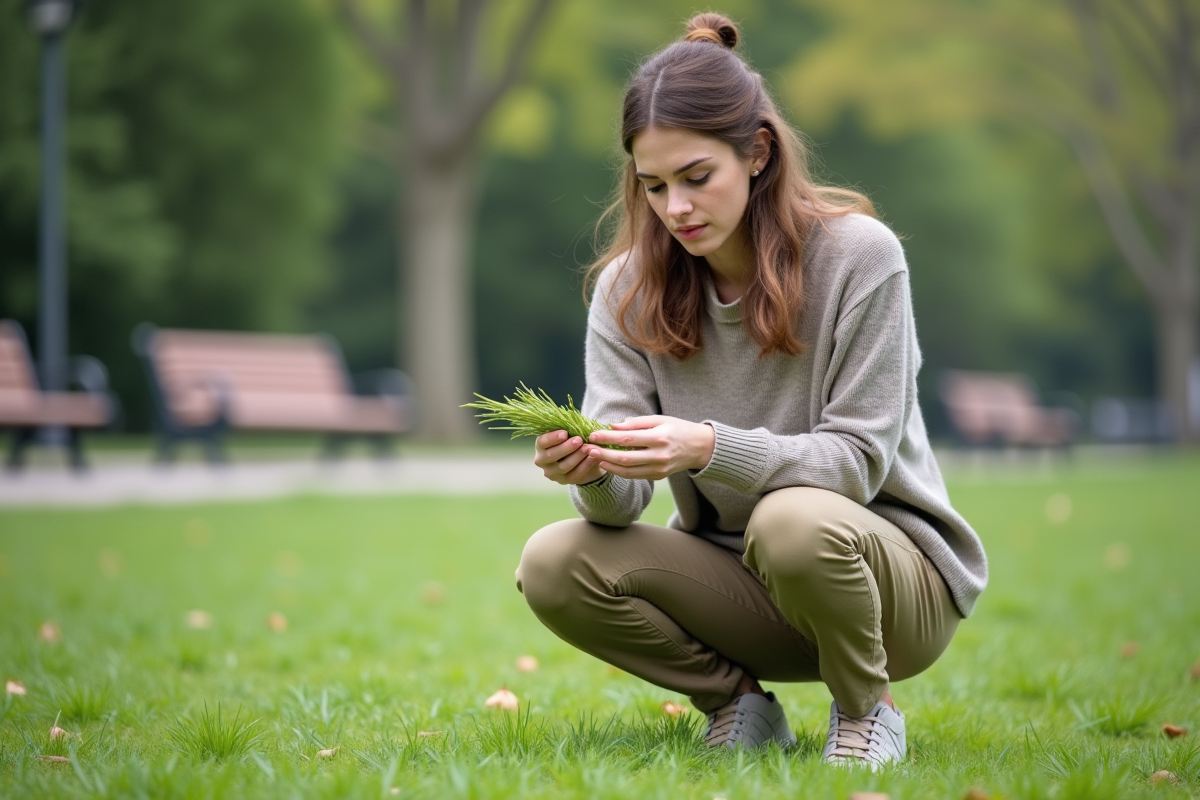 Jeune femme examinant le gazon dans un parc urbain