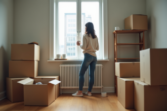 Jeune femme pensant dans un appartement en déménagement
