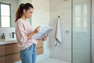 Femme en planche à dessin dans une salle de bain moderne