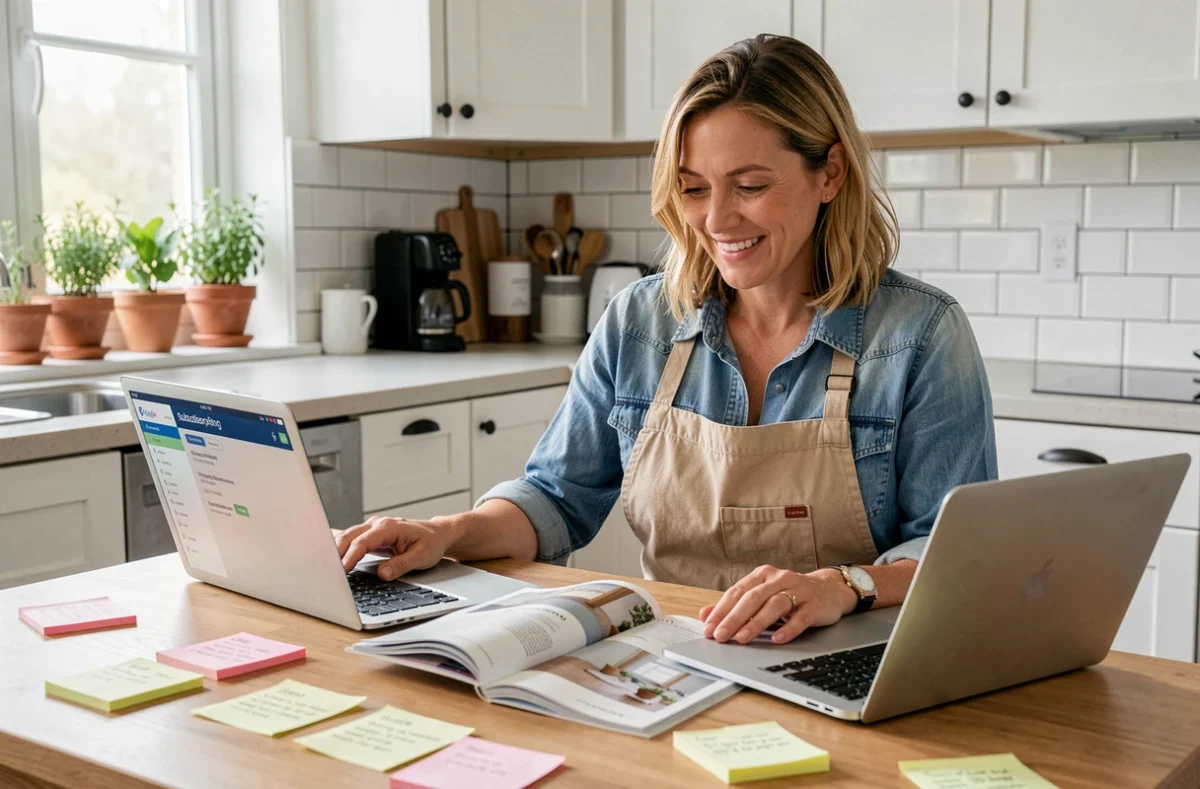 Femme planifiant ses projets de rénovation avec un magazine de bricolage et un abonnement numérique à la cuisine