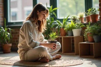 Jeune femme arrangeant des plantes dans un salon écologique