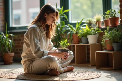 Jeune femme arrangeant des plantes dans un salon écologique