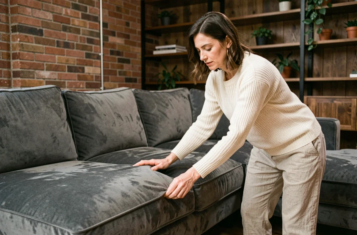Femme installant une housse en velours gris anthracite sur un canapé d'angle convertible dans un appartement cosy