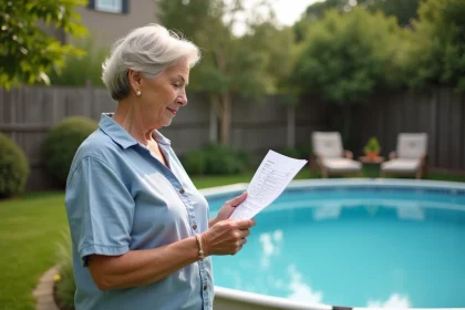 Femme d'âge moyen vérifiant ses impôts près de la piscine