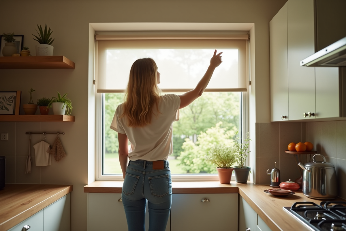 Femme dans la cuisine déployant un écran insecte