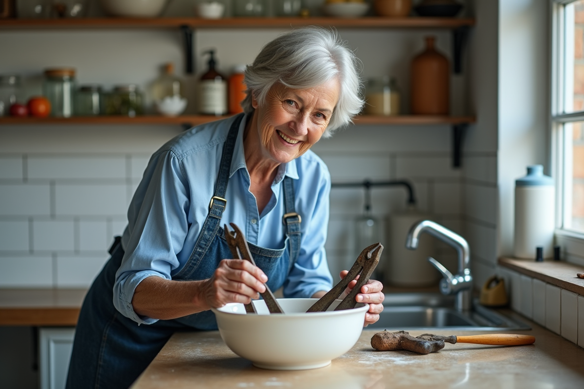 Femme âgée trempant des pinces rouillées dans du vinaigre