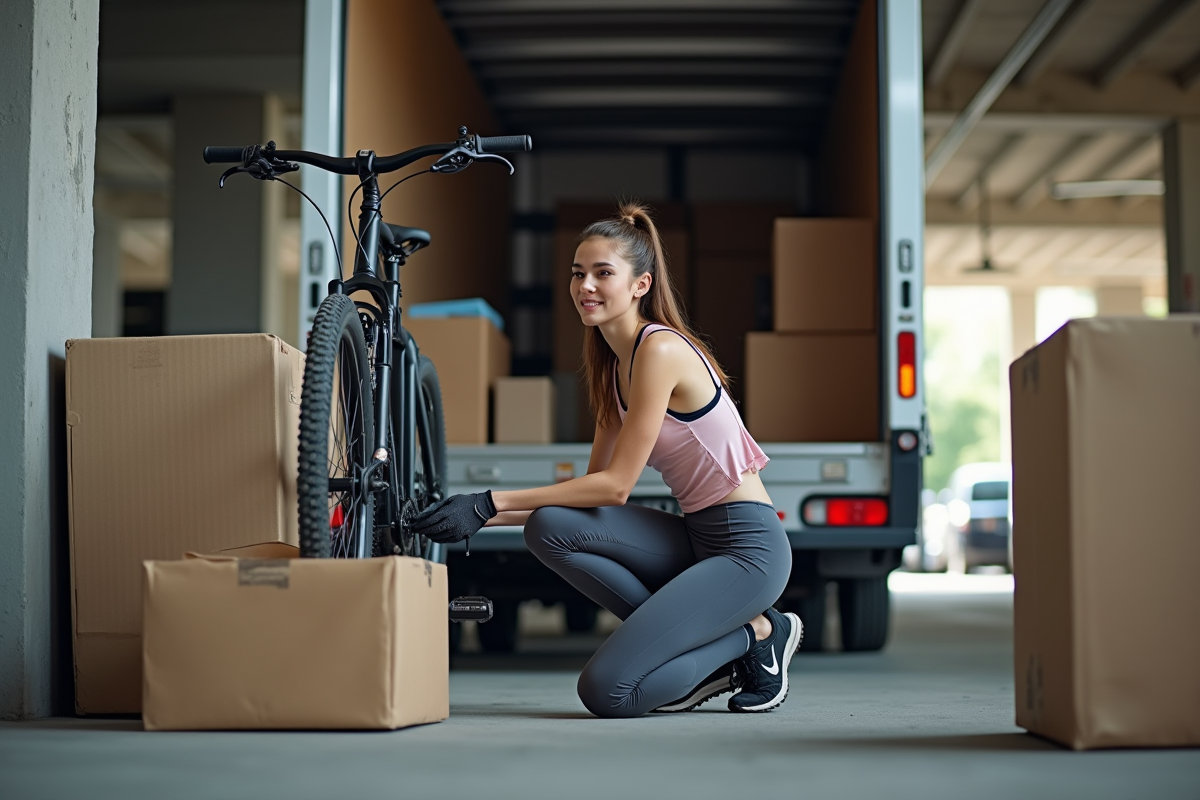 Jeune femme en vêtements de sport attache un vélo dans un camion