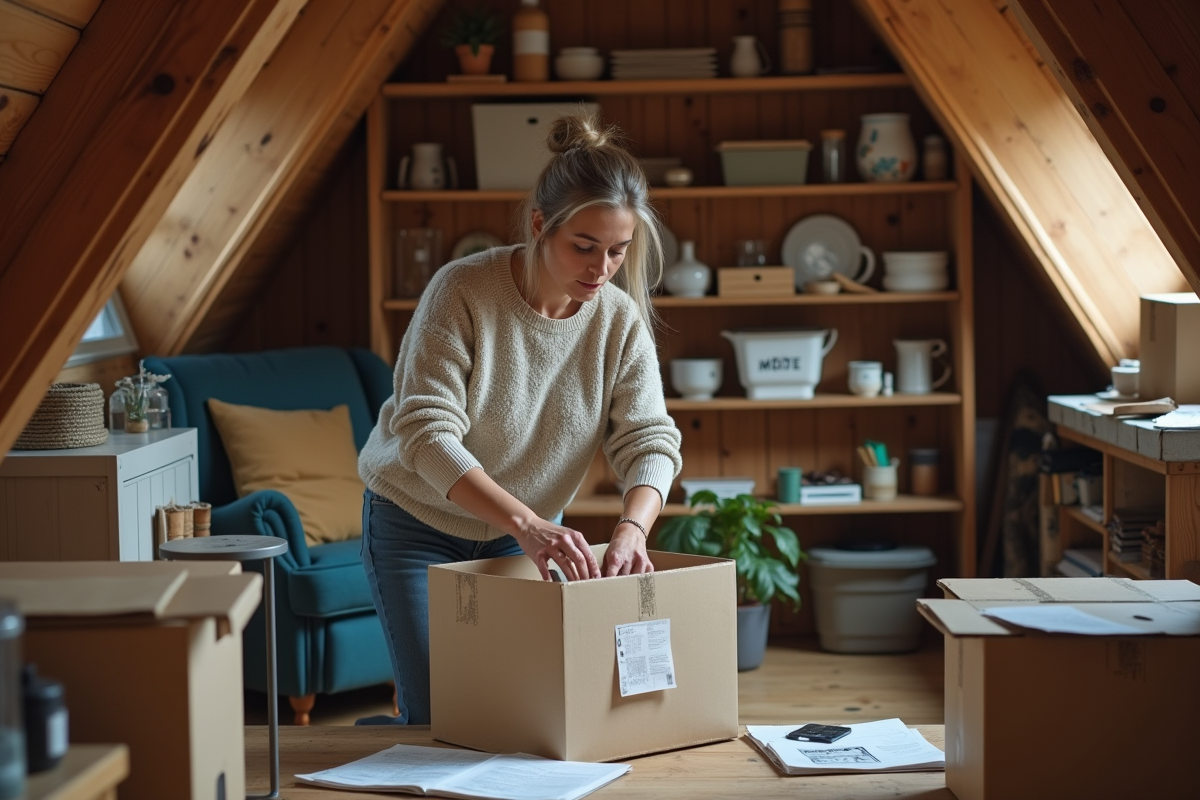 Femme d'âge moyen triant des cartons dans un atelier cosy