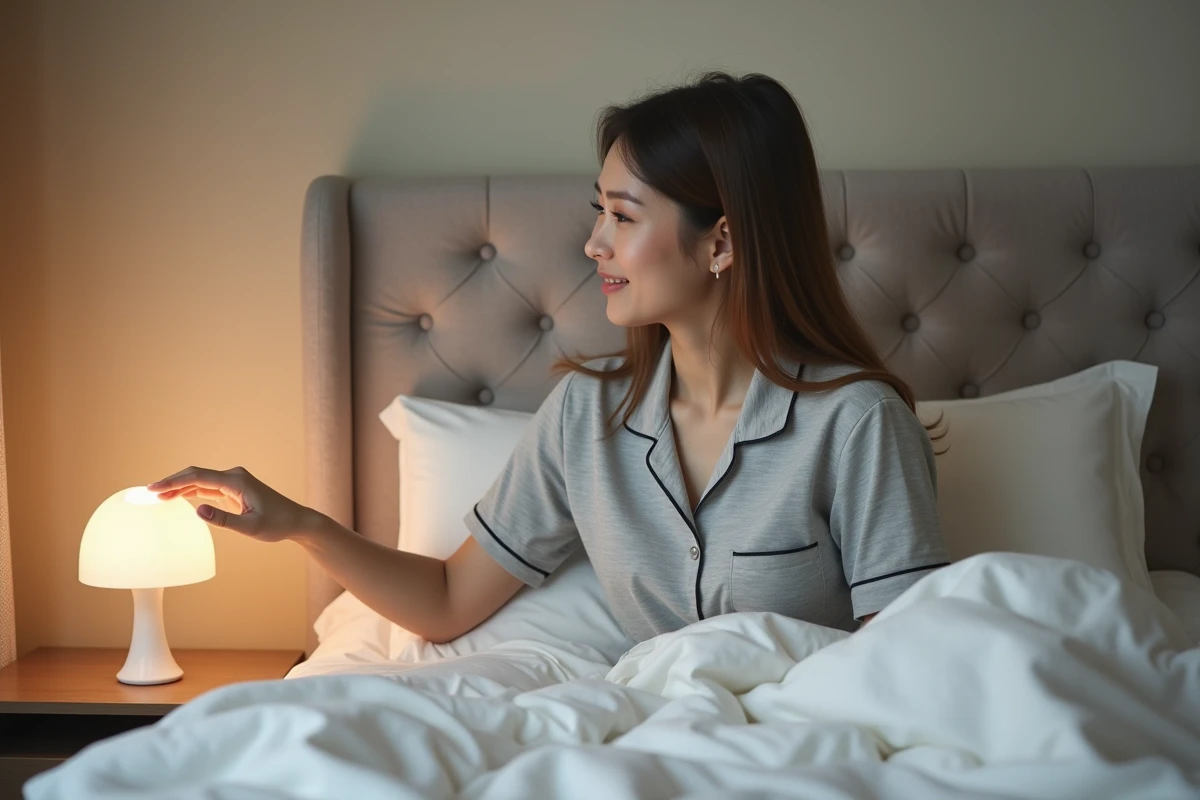 Femme en pyjama gris touchant le chapeau d'une lampe de chevet champignon tactile sur sa table de nuit dans une chambre minimaliste moderne