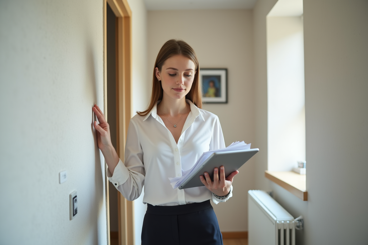 Femme examinant un mur isolé avec un plan digital