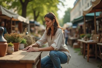 Femme découvrant un meuble vintage dans un vide-grenier des Hauts-de-Seine