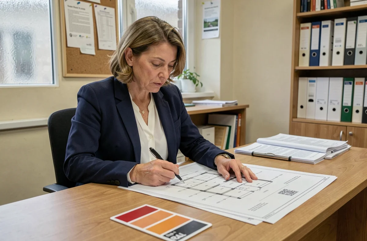 Responsable des permis de construire examinant des plans de façade avec une carte de référence couleur RAL 2900 dans un bureau municipal
