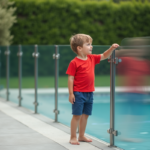 Jeune garçon près de barrière de piscine moderne