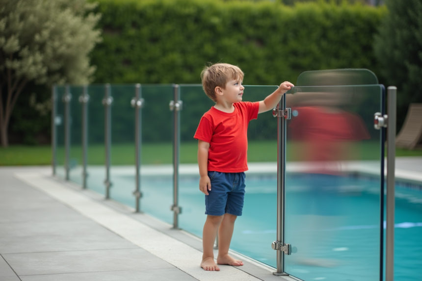 Jeune garçon près de barrière de piscine moderne
