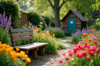 Jardin fleuri coloré avec des plantes variées et astuces de jardinage