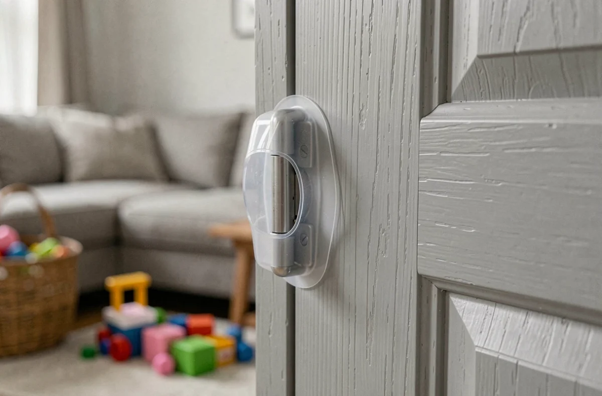 Gros plan sur un anti pince doigt en silicone transparent fixé sans perçage sur une porte grise