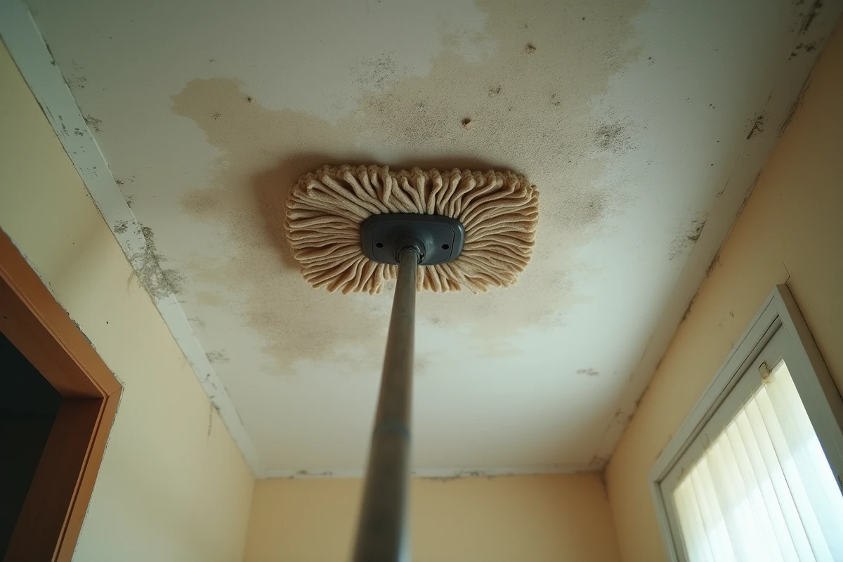 Gros plan d'un balai plafond microfibre contre un plafond poussiéreux et sale