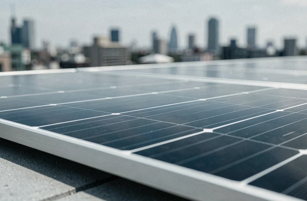 Gros plan sur les cellules photovoltaïques d'un panneau solaire 100W 12V installé sur une terrasse urbaine