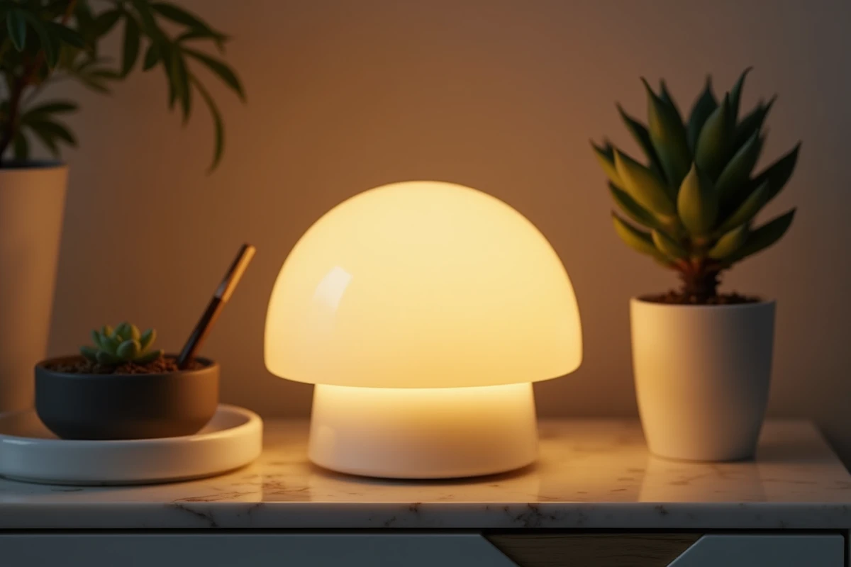 Gros plan d'une lampe de chevet champignon tactile en silicone sur un plateau en marbre avec une plante succulente, détail de texture et changement de couleur