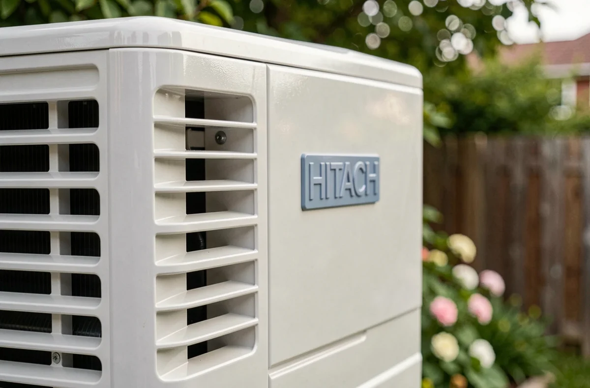 Gros plan sur le logo et la grille d'aération d'une pompe à chaleur Hitachi air-eau