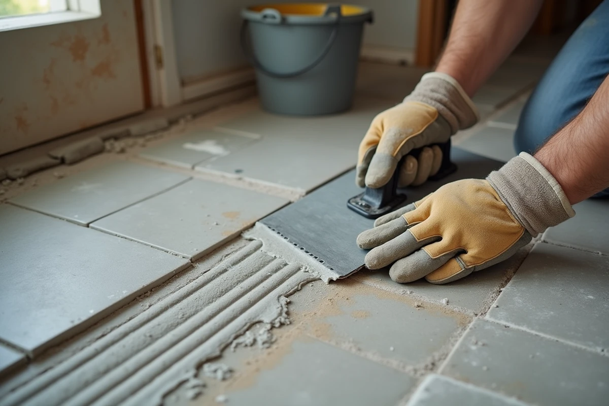Gros plan sur les mains d'un carreleur étalant la colle à carrelage avec une taloche crantée sur un sol en béton lors d'une pose scellée