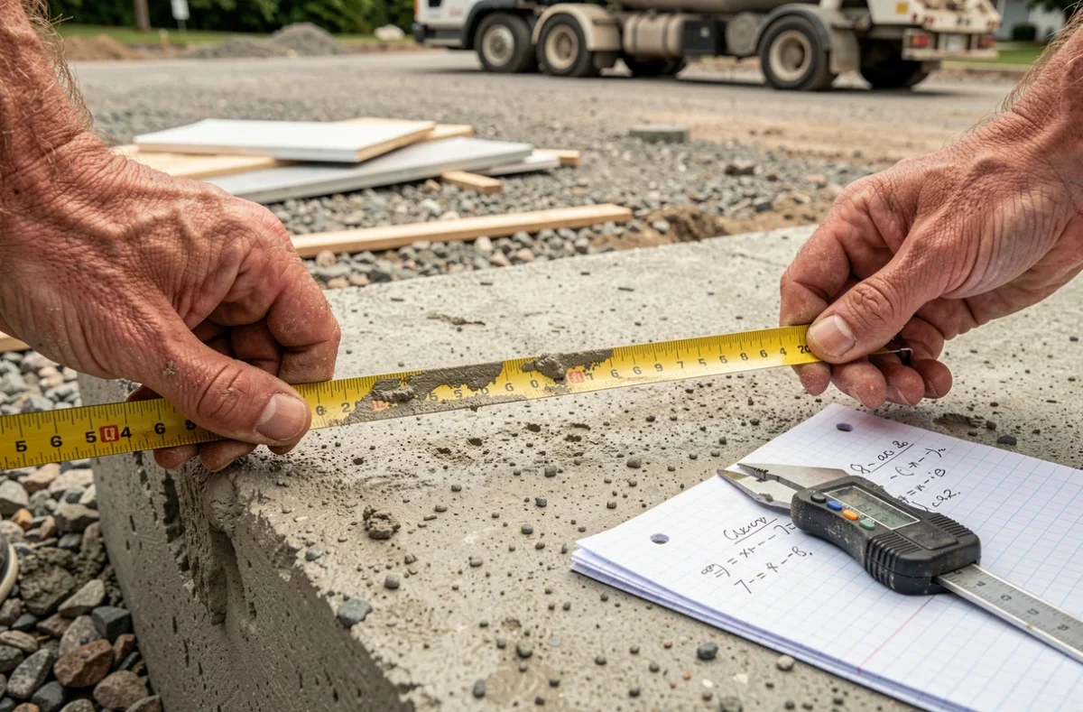 Gros plan de mains mesurant une surface en béton avec mètre ruban et fiche de calcul de volume sur chantier