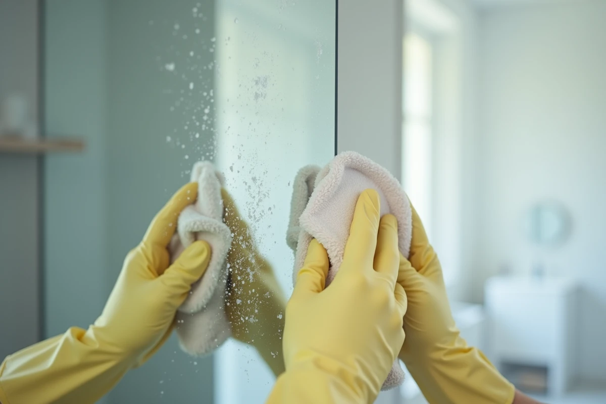 Gros plan de mains gantées essuyant la poussière de chantier sur un miroir avec un chiffon microfibre blanc