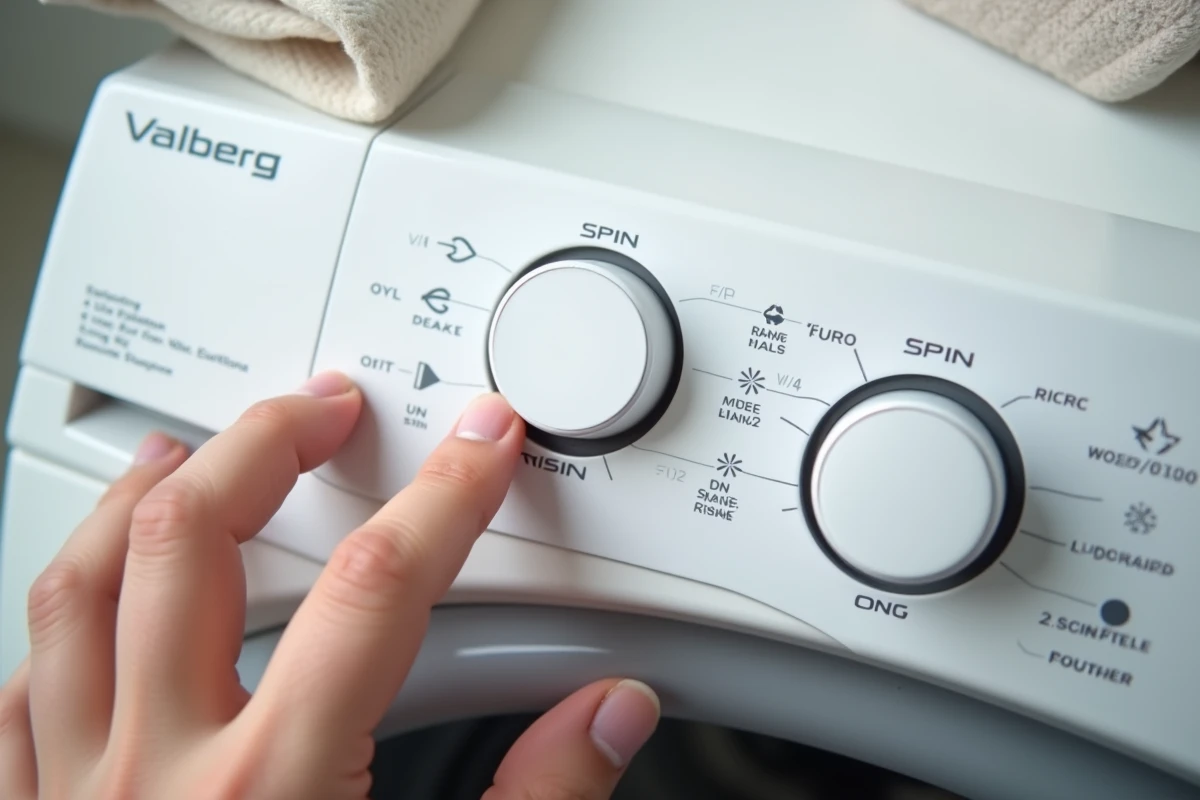 Gros plan sur le panneau de commande d'un lave-linge Valberg avec les symboles d'essorage et de programmes visibles