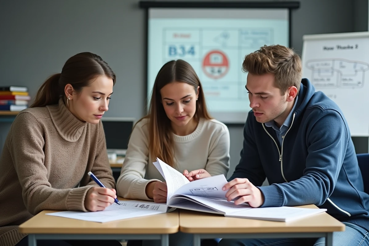 Groupe d'élèves en auto-école étudiant le code de la route avec le panneau B34 interdiction de dépasser