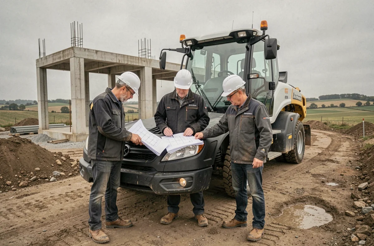 Équipe GSI Constructions sur un chantier de construction en Tarn-et-Garonne avec engin de chantier