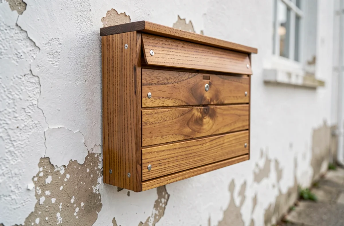 Habillage bois teck pour boîte aux lettres fixée sur mur enduit blanc en bord de mer avec finition vernie anti-sel