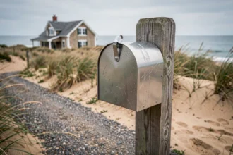 Boîte aux lettres habillée en acier inoxydable marin sur un chemin côtier avec herbes de dune et horizon marin en arrière-plan