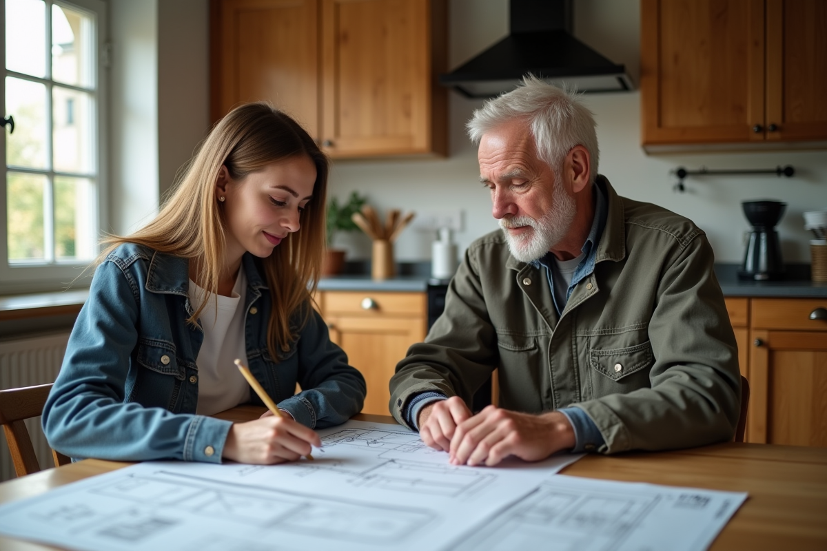 Jeune femme examinant des plans de toiture avec un artisan dans la cuisine