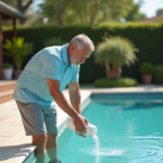 Homme versant du chlore dans la piscine extérieure