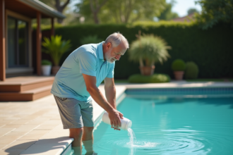 Homme versant du chlore dans la piscine extérieure