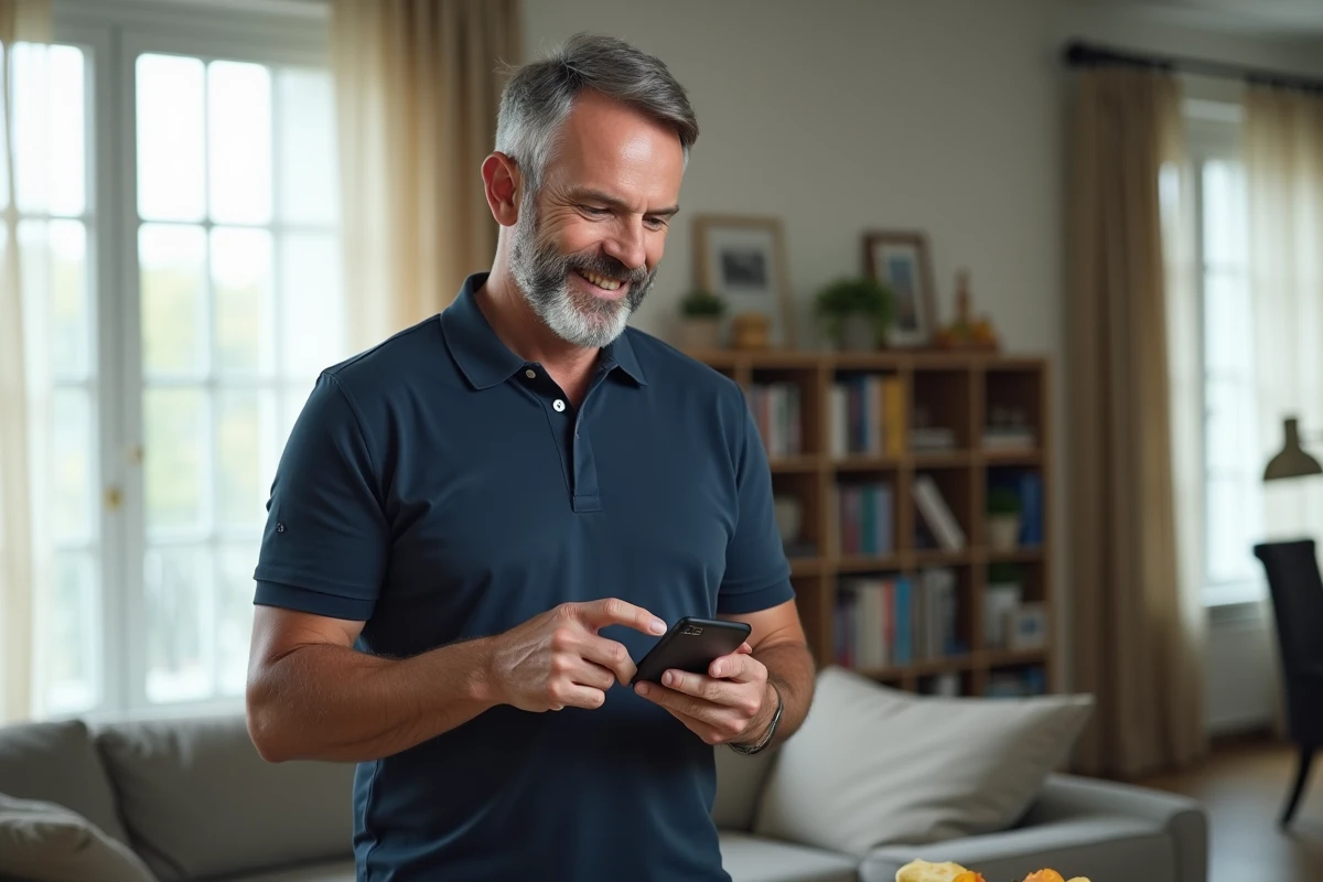 Homme utilisant une application de courses en ligne sur smartphone pour remplir son panier Carrefour rapidement