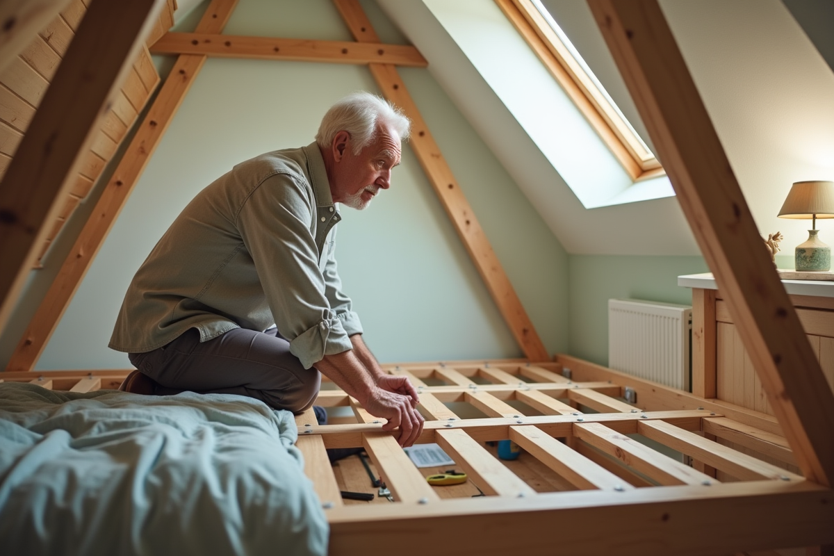 Homme âgé assemblant un lit en mezzanine dans une pièce ensoleillée