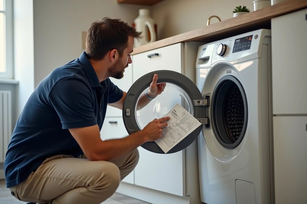 Homme consultant le manuel du lave-linge Valberg pour comprendre les symboles d'essorage sur le tableau de bord