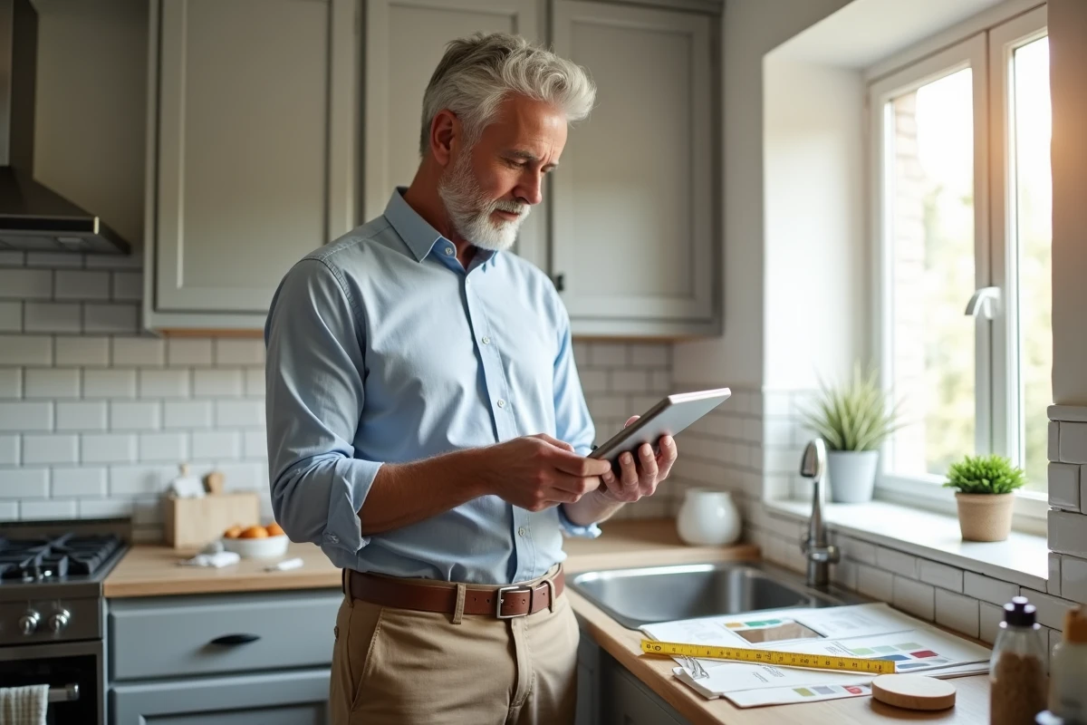 Homme étudiant un aménagement de cuisine généré par IA avec tablette