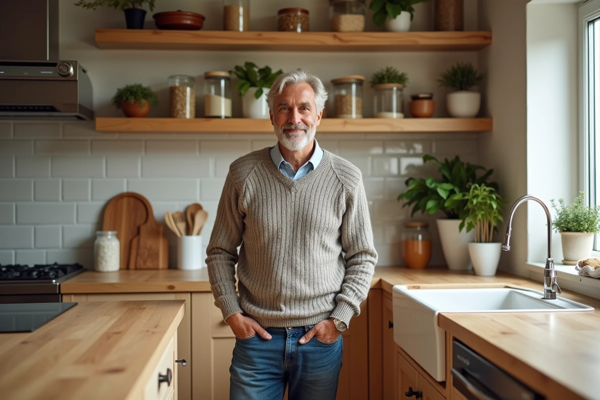 Homme évaluant des meubles de cuisine en bambou écologique