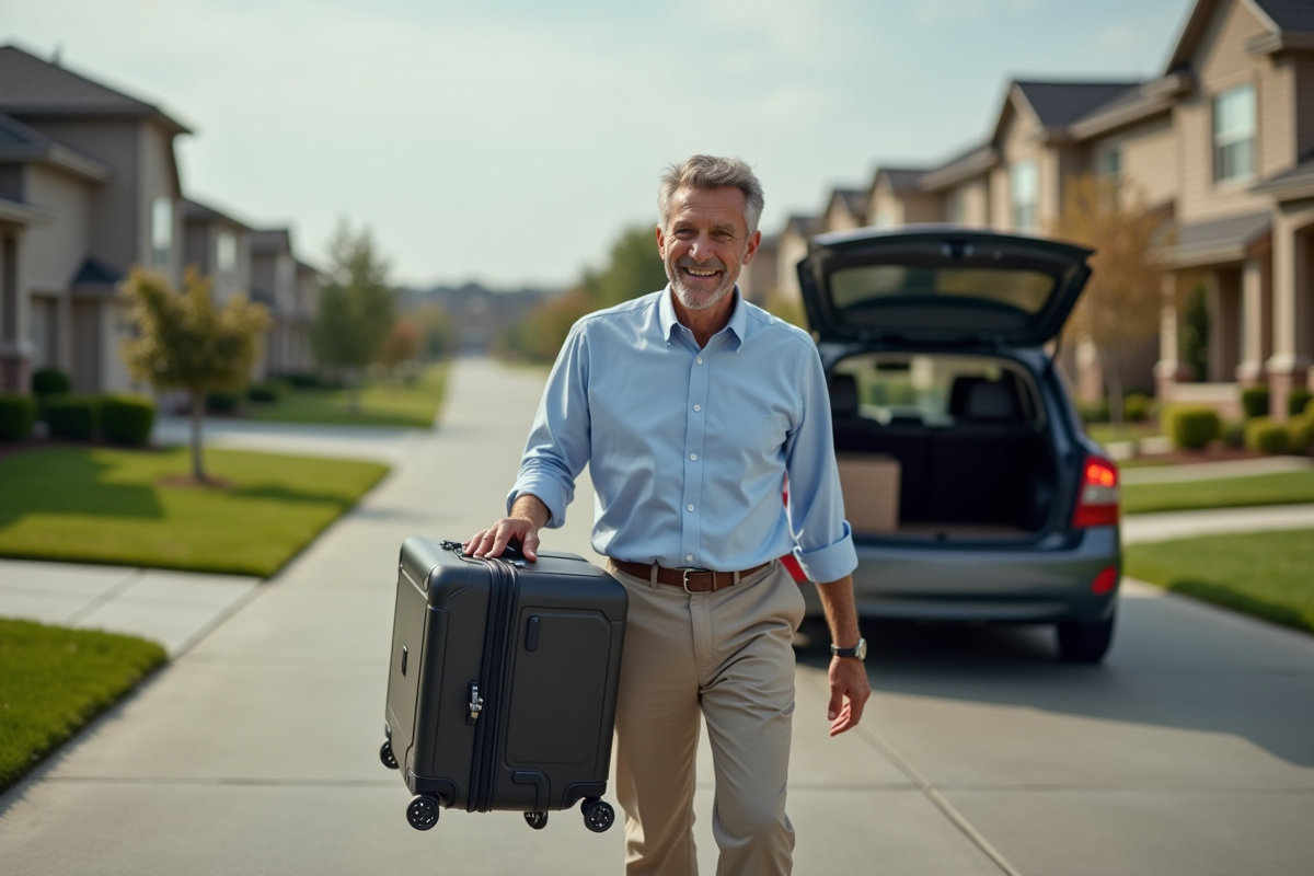 Homme déchargeant une valise dans une rue résidentielle