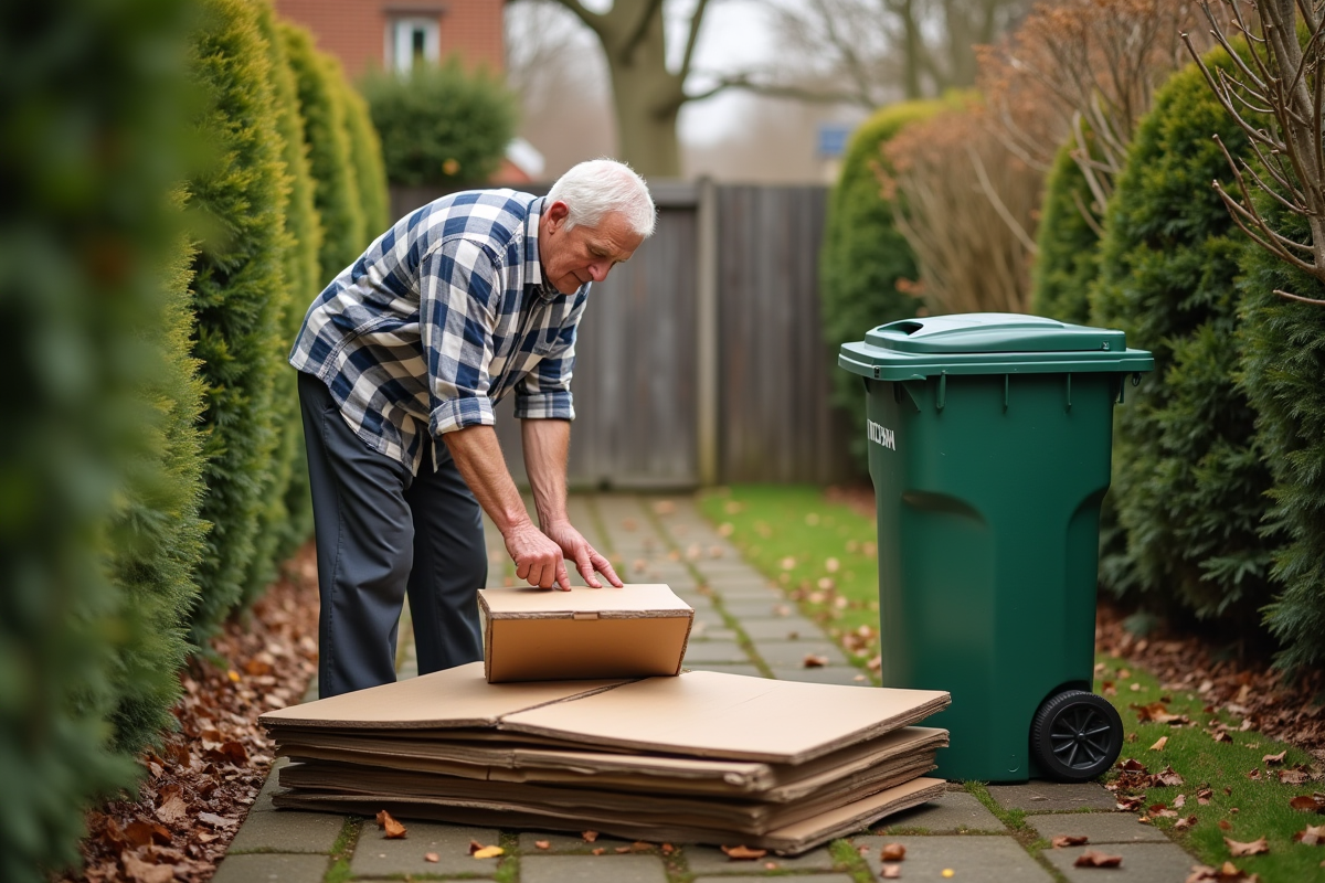 Homme âgé cassant des cartons dans un jardin en été