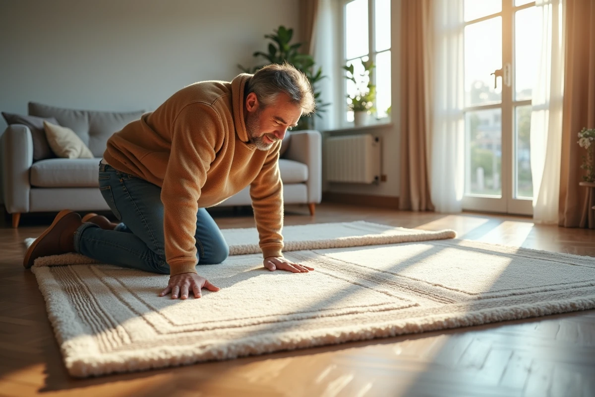 Homme déployant un tapis haut de gamme dans un salon lumineux