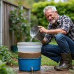 Homme en extérieur verse eau dans un filtre à eau maison