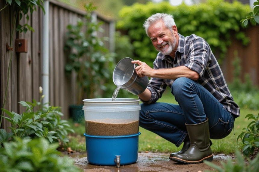 Homme en extérieur verse eau dans un filtre à eau maison